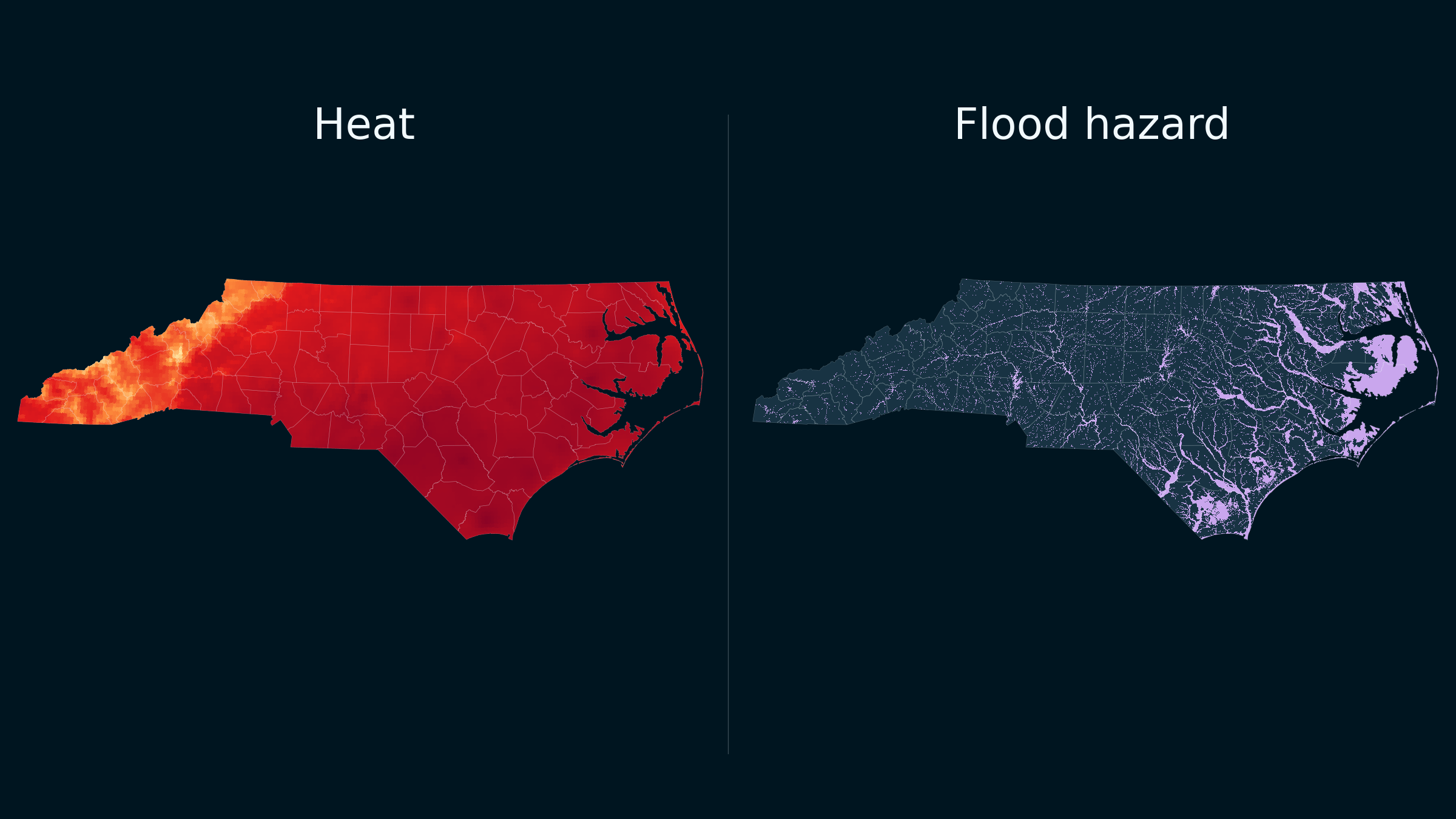 Paired North Carolina maps show statewide heat and mapped flood hazard.