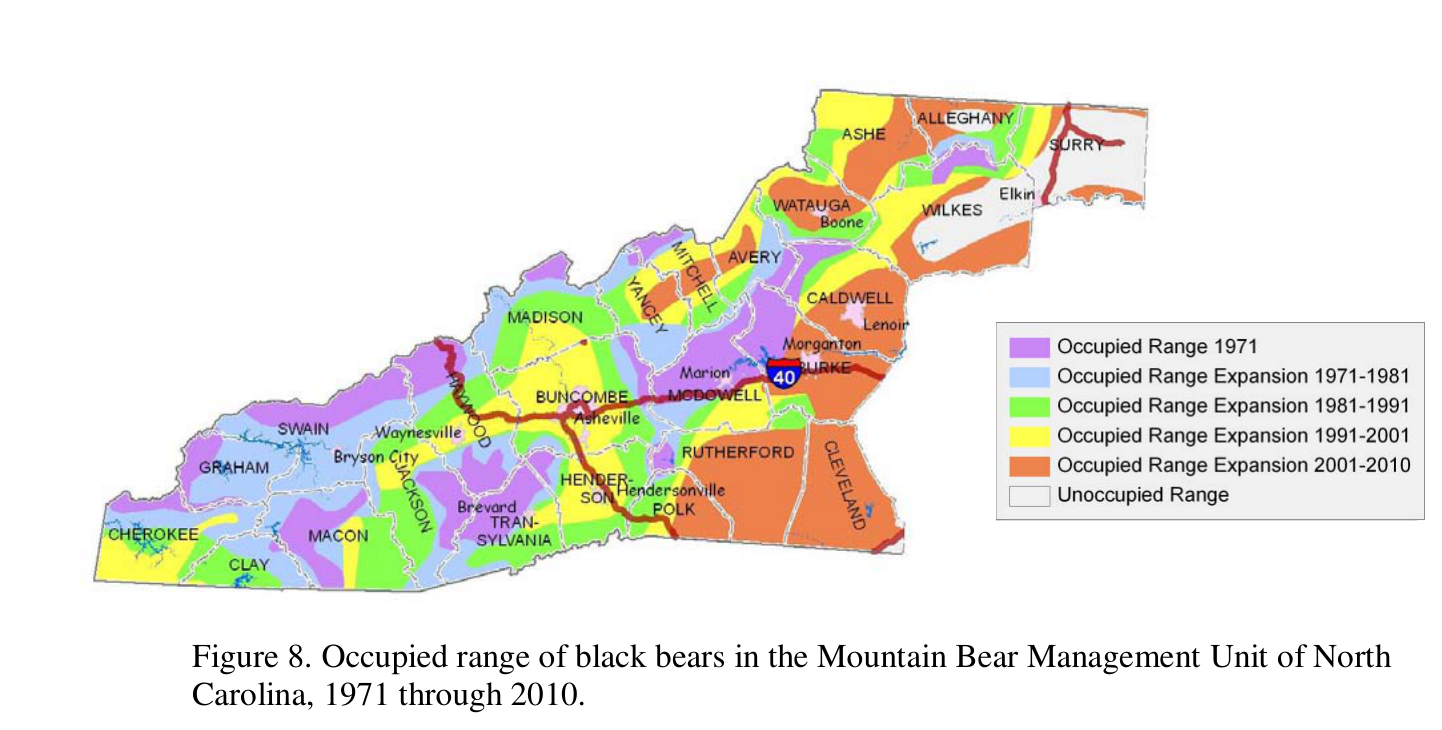 Map of the Mountain Bear Management Unit counties in western North Carolina, shaded to show expansion of occupied black bear range across five time bands between 1971 and 2010.