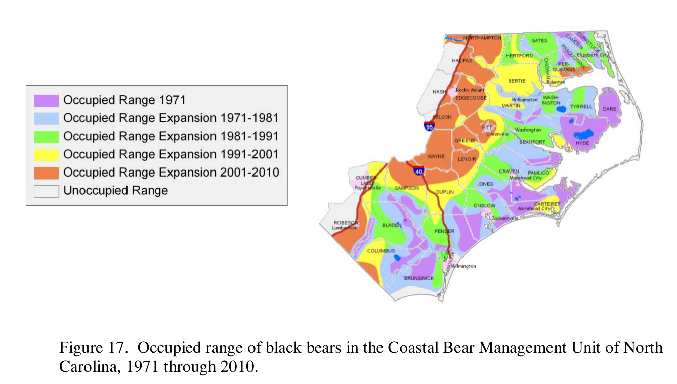 Map of the Coastal Bear Management Unit counties in eastern North Carolina, shaded to show expansion of occupied black bear range across five time bands between 1971 and 2010.