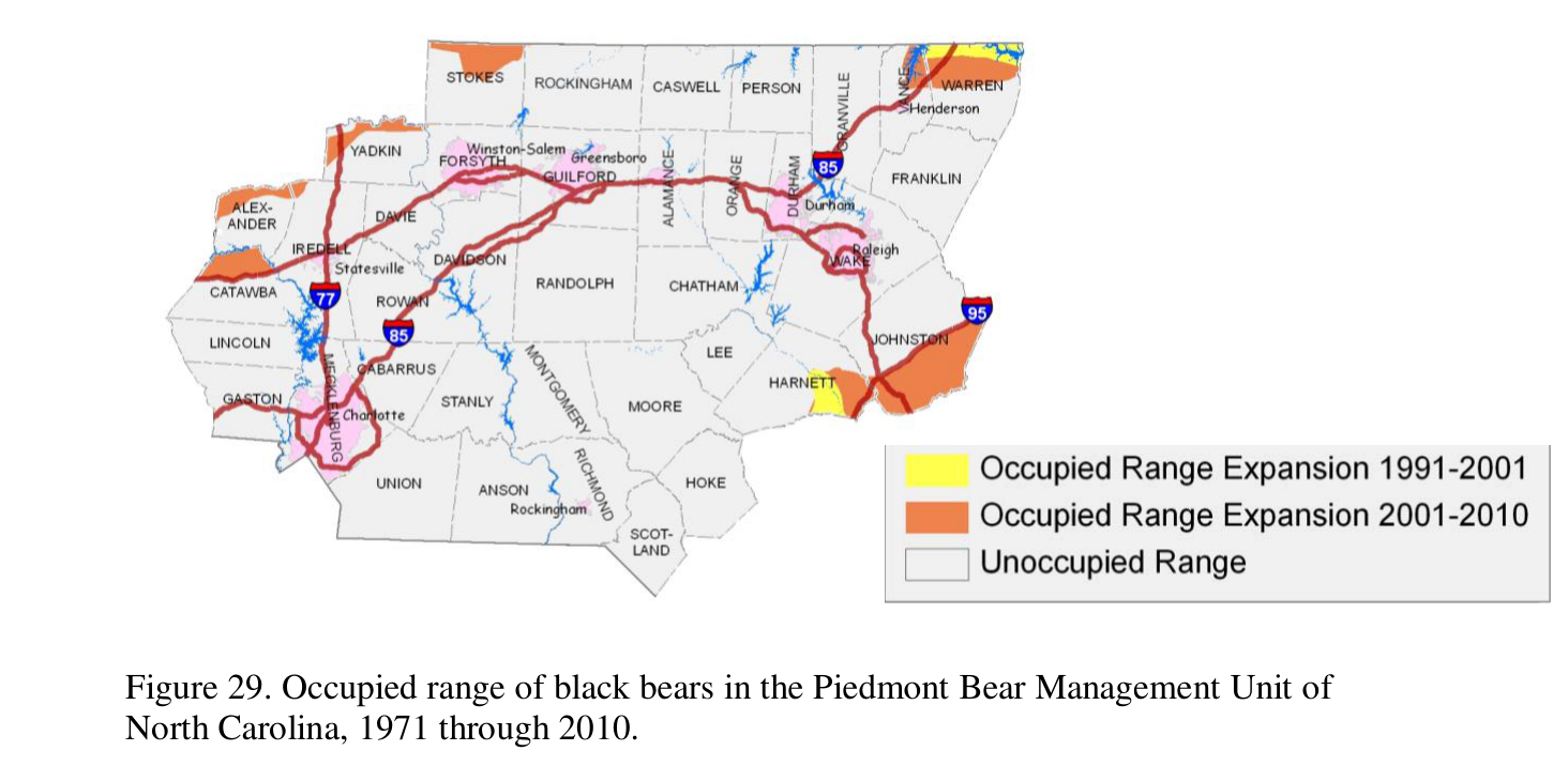 Map of the Piedmont Bear Management Unit counties in central North Carolina, shaded to show two bands of occupied black bear range expansion between 1991 and 2010, with most of the unit shown as unoccupied range.
