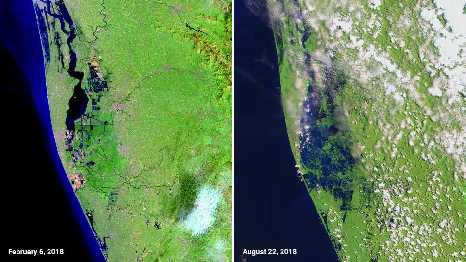 False-color satellite images of Kerala before and after the 2018 floods: Landsat 8 on February 6 at left and Sentinel-2 on August 22 at right.